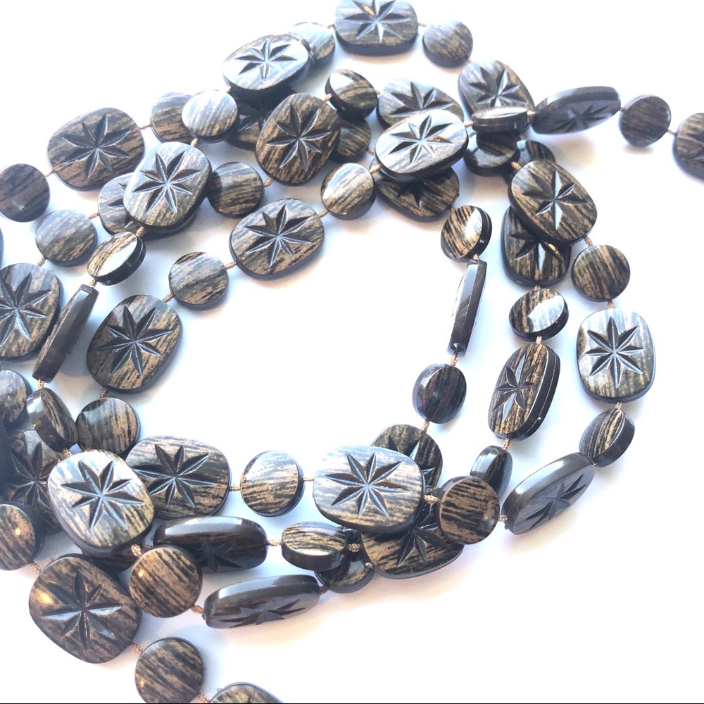 Vintage Wood Beaded Necklace Long Strand Carved